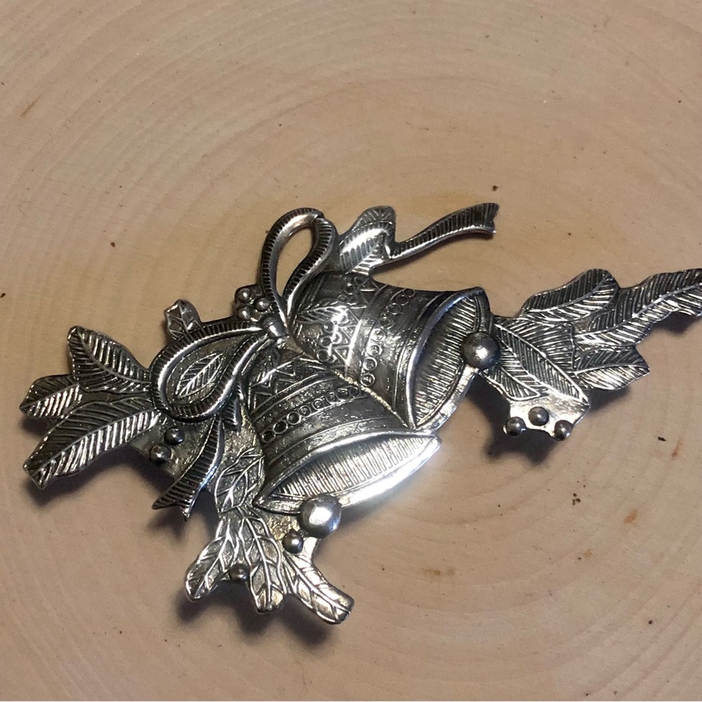 Rare Sterling Silver Bells and Holly Christmas Brooch